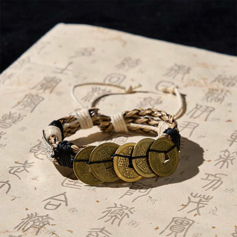Buddha Stones ​​Fünf-Kaiser-Münzen Amulett Schutzseil Armband  - image 1