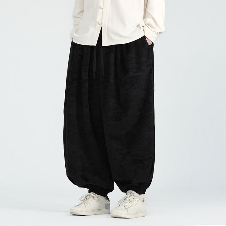 Buddha Stones Fall Plain Jacquard Design Kordelzug Herren Haremshose mit Taschen - Schwarz - US/ UK/AU46，EU56 (5XL) - image 8