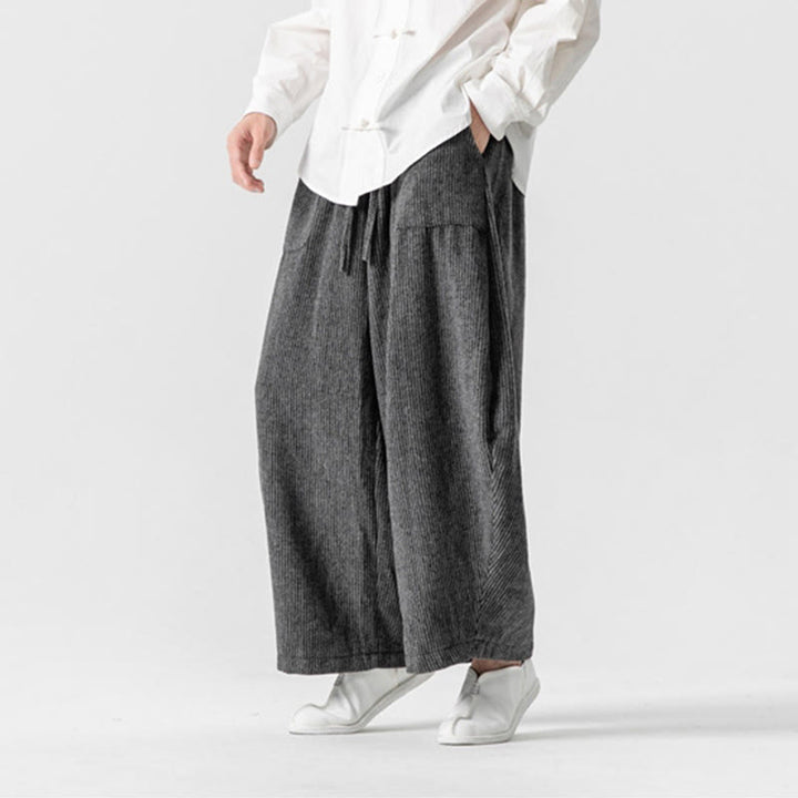 Buddha Stones Daily Herrenhose aus Baumwolle mit weitem Bein und Taschen, einfarbig, Kordelzug-Design - image 5