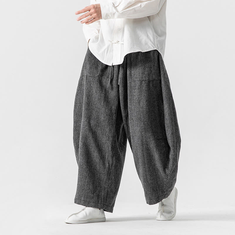 Buddha Stones Daily Herrenhose aus Baumwolle mit weitem Bein und Taschen, einfarbig, Kordelzug-Design - image 4
