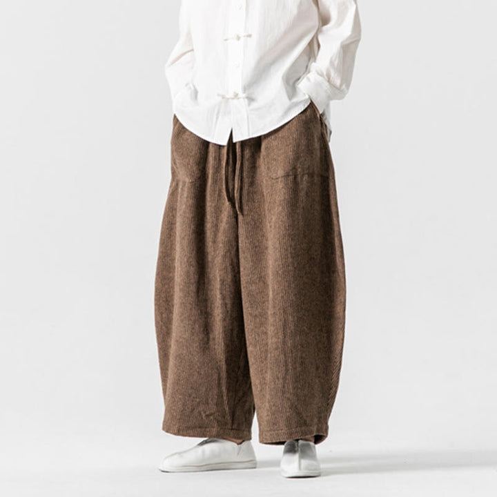 Buddha Stones Daily Herrenhose aus Baumwolle mit weitem Bein und Taschen, einfarbig, Kordelzug-Design - image 13