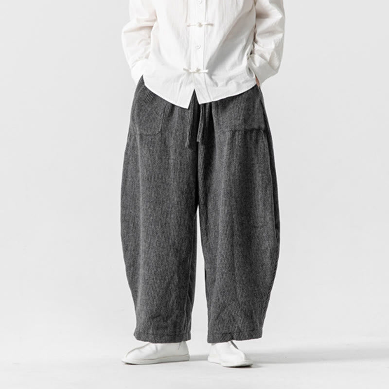 Buddha Stones Daily Herrenhose aus Baumwolle mit weitem Bein und Taschen, einfarbig, Kordelzug-Design - image 2