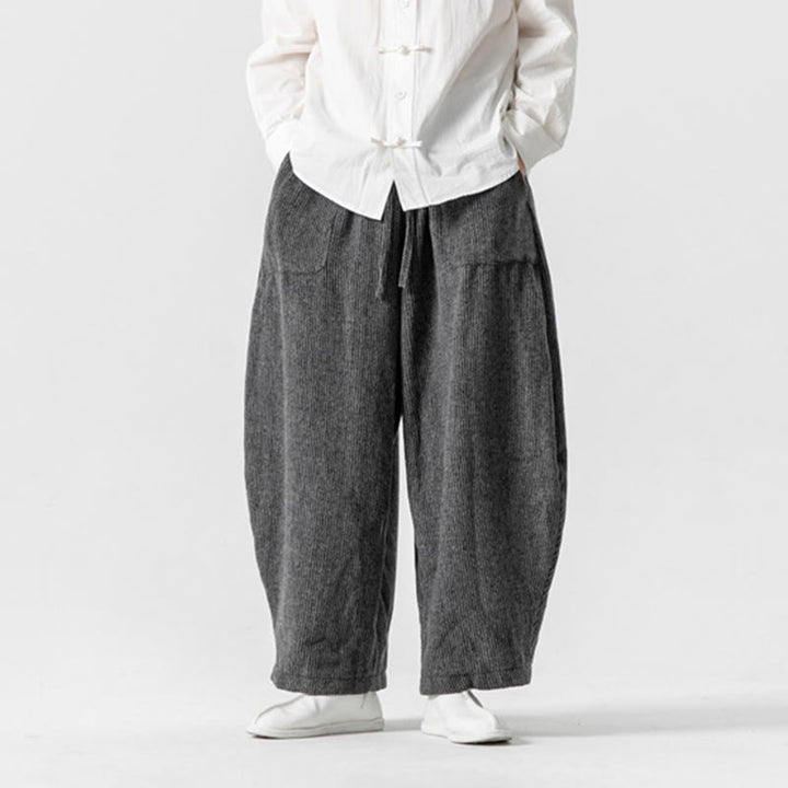 Buddha Stones Daily Herrenhose aus Baumwolle mit weitem Bein und Taschen, einfarbig, Kordelzug-Design - image 2