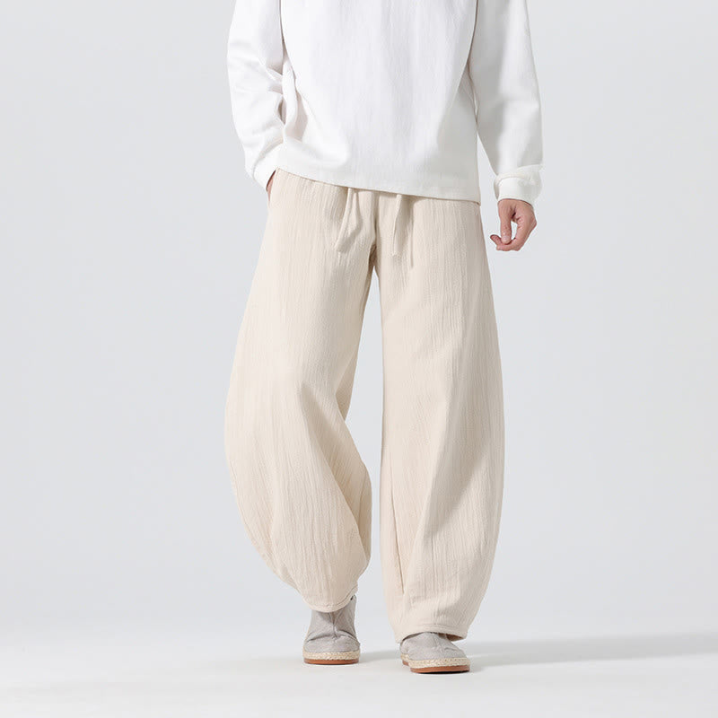 Buddha Stones Daily Kordelzug Herrenhose im chinesischen Zen-Stil mit weitem Bein aus reiner Baumwolle und Taschen - Beige - US/ UK/AU46，EU56 (5XL) - image 0