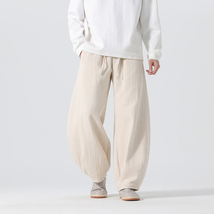 Buddha Stones Daily Kordelzug Herrenhose im chinesischen Zen-Stil mit weitem Bein aus reiner Baumwolle und Taschen - Beige - US/ UK/AU46，EU56 (5XL) - image 0