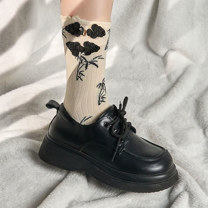 Buddha Stones Chinesischer Frosch-Knopf-Design Jacquard Bambus Muster Micro Crew Damensocken - image 14