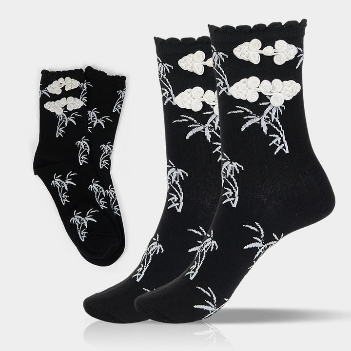Buddha Stones Chinesischer Frosch-Knopf-Design Jacquard Bambus Muster Micro Crew Damensocken - Schwarz - Einheitsgröße (US 5,5–8,5, EU 36–40, UK/AU 3,5–6,5, AISA 23–25 cm) - image 0