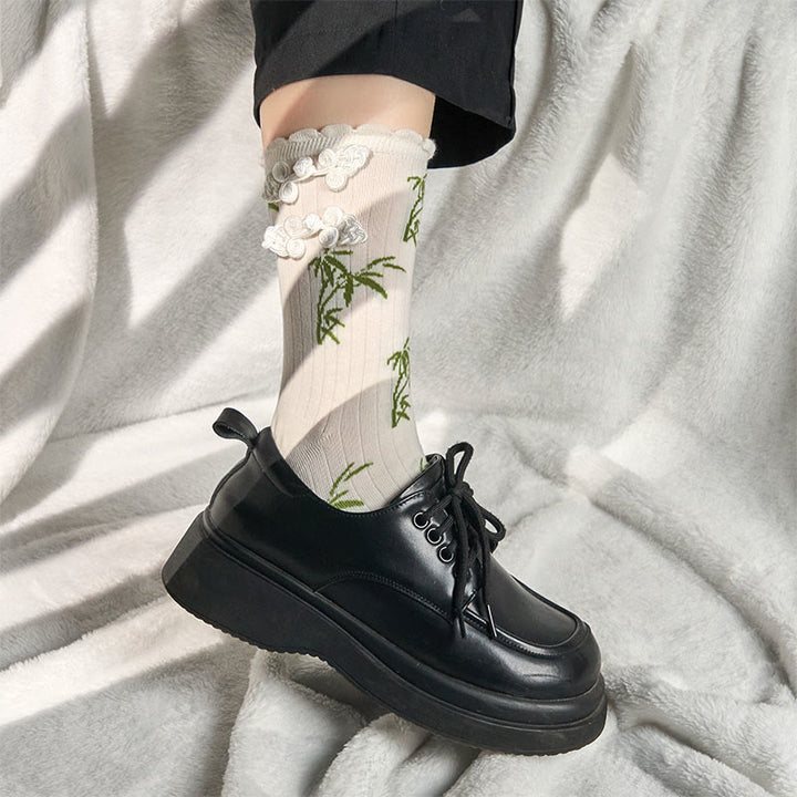 Buddha Stones Chinesischer Frosch-Knopf-Design Jacquard Bambus Muster Micro Crew Damensocken - image 21