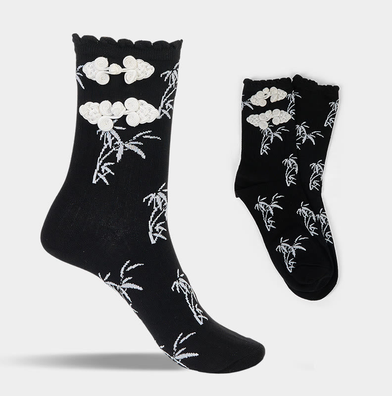 Buddha Stones Chinesischer Frosch-Knopf-Design Jacquard Bambus Muster Micro Crew Damensocken - image 6