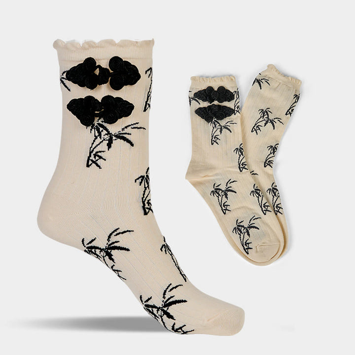 Buddha Stones Chinesischer Frosch-Knopf-Design Jacquard Bambus Muster Micro Crew Damensocken - image 15