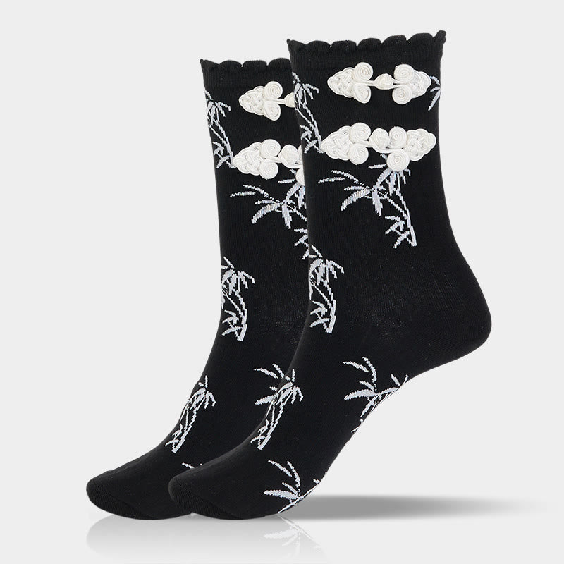 Buddha Stones Chinesischer Frosch-Knopf-Design Jacquard Bambus Muster Micro Crew Damensocken - image 7