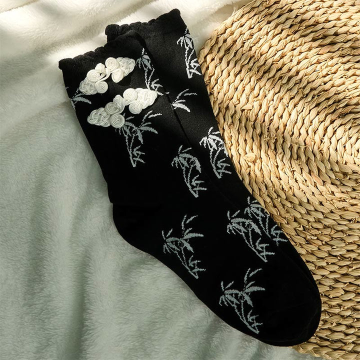 Buddha Stones Chinesischer Frosch-Knopf-Design Jacquard Bambus Muster Micro Crew Damensocken - image 2