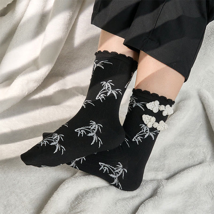Buddha Stones Chinesischer Frosch-Knopf-Design Jacquard Bambus Muster Micro Crew Damensocken - image 4