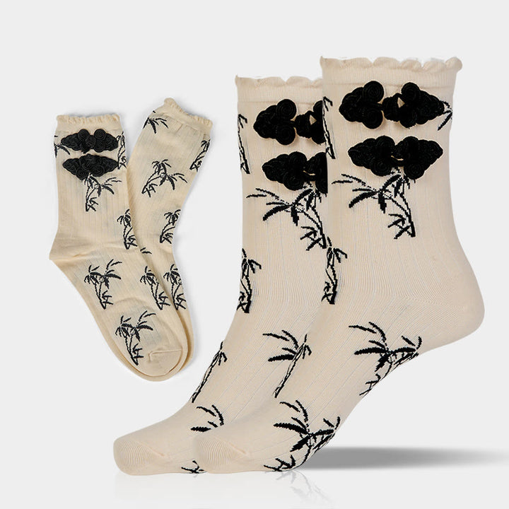 Buddha Stones Chinesischer Frosch-Knopf-Design Jacquard Bambus Muster Micro Crew Damensocken - BlumenWeiß - Einheitsgröße (US 5,5–8,5, EU 36–40, UK/AU 3,5–6,5, AISA 23–25 cm) - image 9