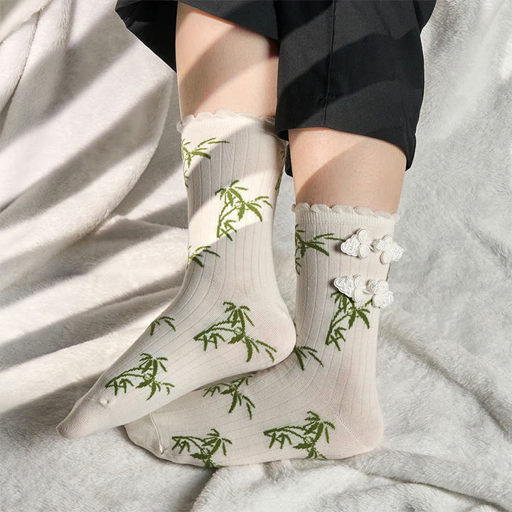 Buddha Stones Chinesischer Frosch-Knopf-Design Jacquard Bambus Muster Micro Crew Damensocken - image 20