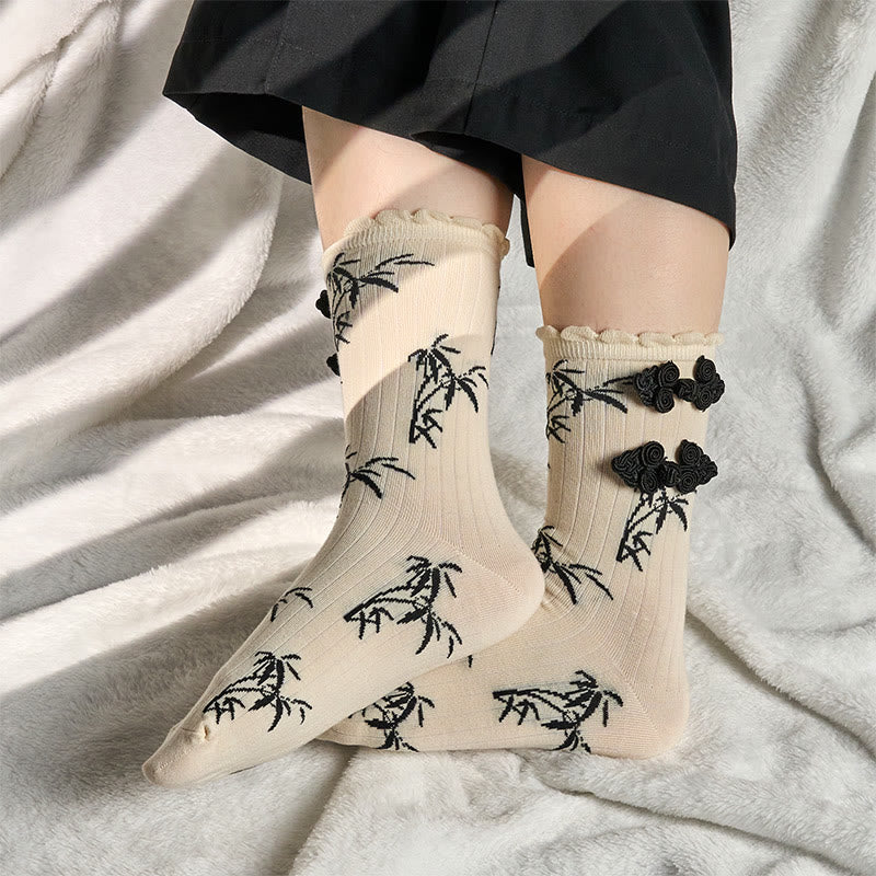 Buddha Stones Chinesischer Frosch-Knopf-Design Jacquard Bambus Muster Micro Crew Damensocken - image 13