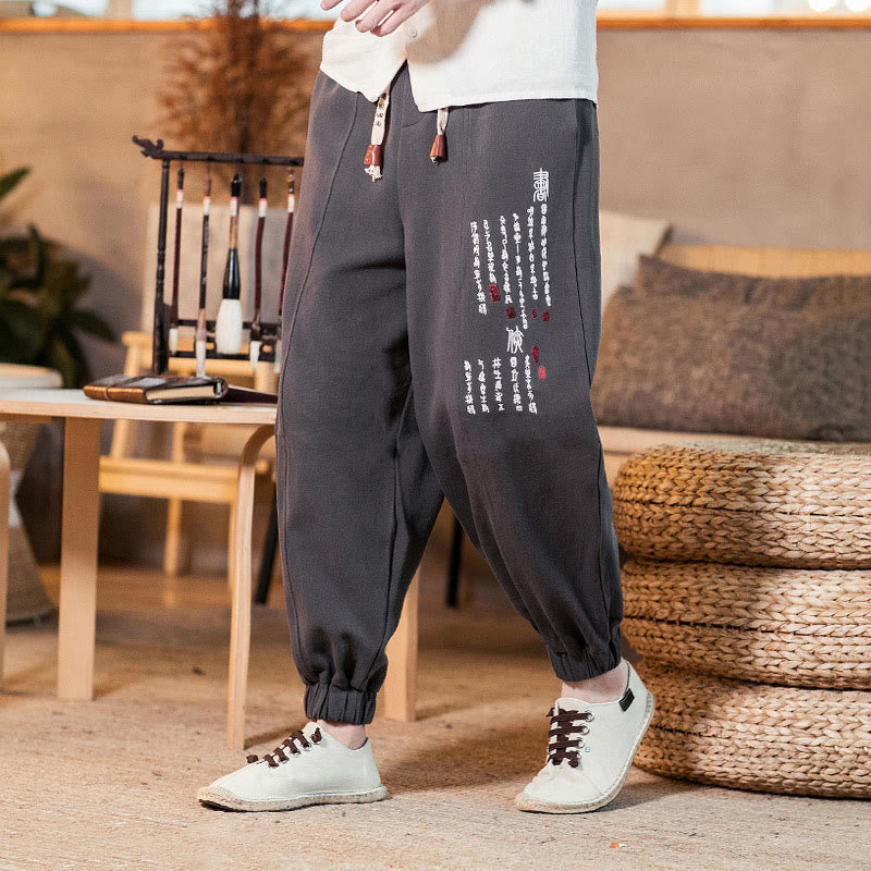 Herren-Baumwollhose mit Taschen und gesticktem Muster mit chinesischen Buddha Stones - image 1
