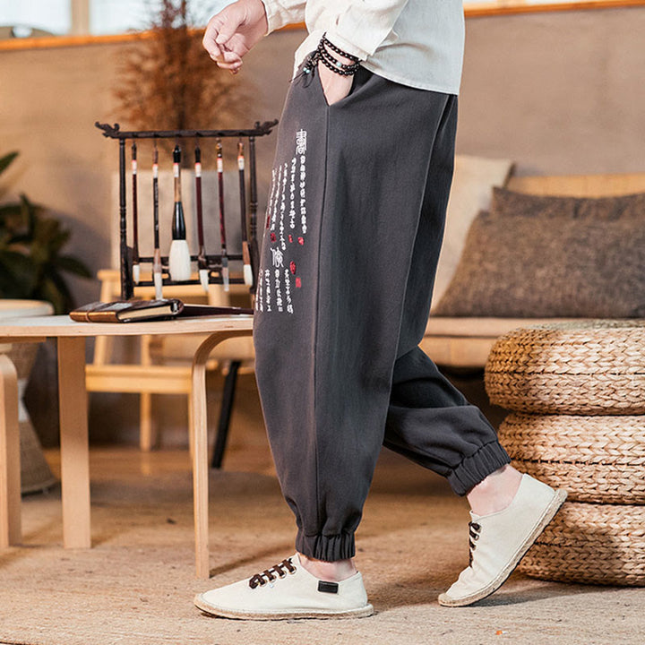 Herren-Baumwollhose mit Taschen und gesticktem Muster mit chinesischen Buddha Stones - image 5