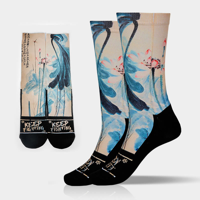 Buddha Stones Casual Lotus Chinesische Landschaftsmalerei Micro Crew Männer Frauen Unisex Socken - Weizen - Einheitsgröße (US 5–10,5, EU 38–44, UK/AU 5–10,5, AISA 24,5–28 cm) - image 0
