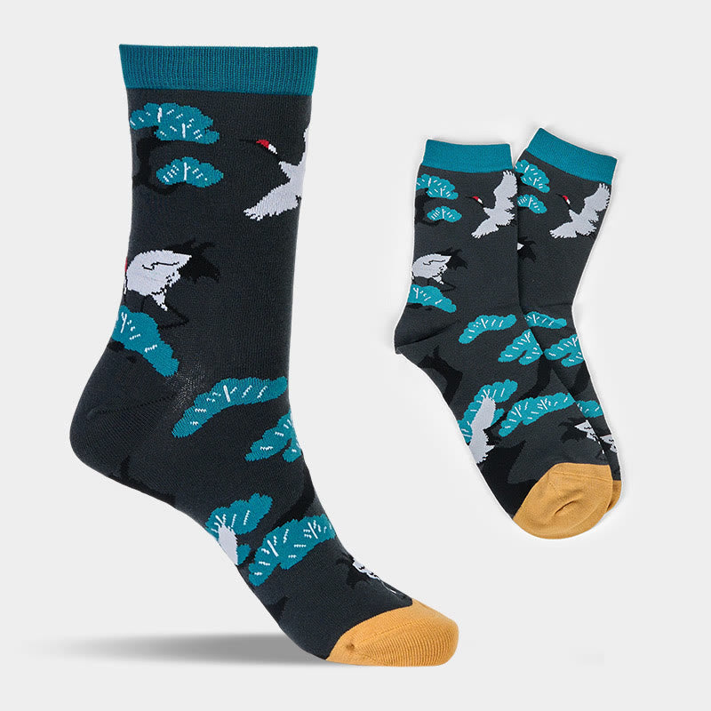 Buddha Stones Lässige Damensocken mit weißem Kranich- und Kiefernbaum-Design, Micro Crew - image 1