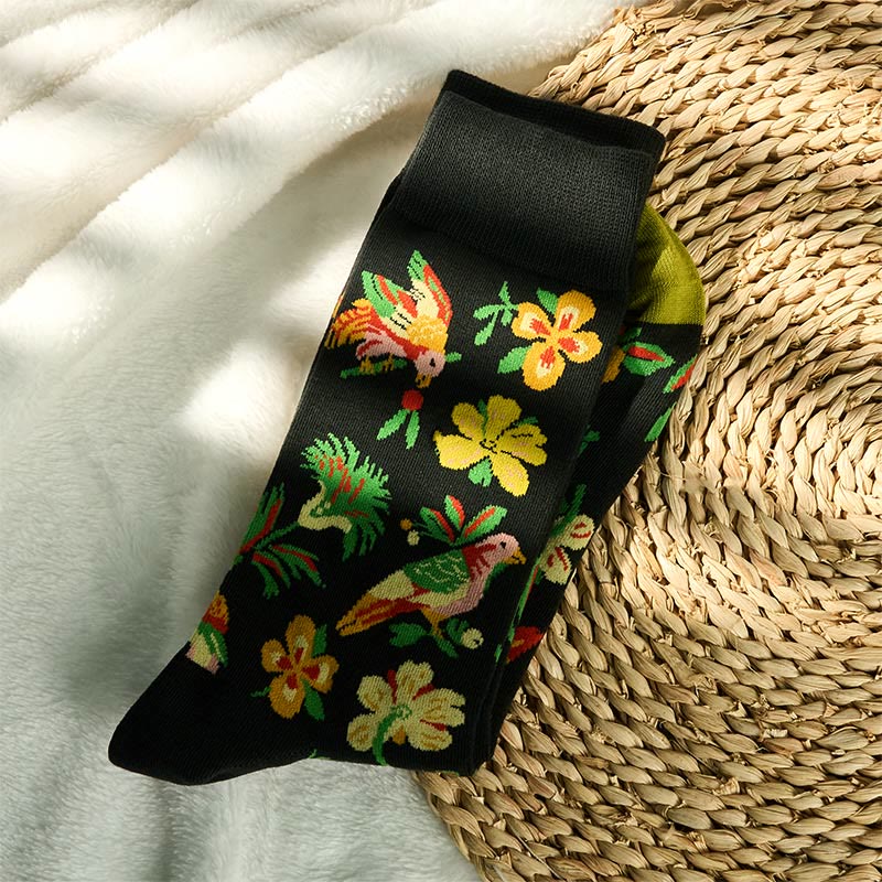 Buddha Stones Blühende Blumenvogelmuster Herren Damen Unisex Baumwolle Crew Socken - image 1