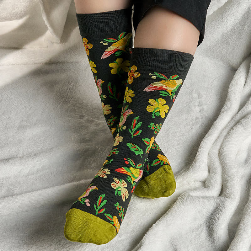 Buddha Stones Blühende Blumenvogelmuster Herren Damen Unisex Baumwolle Crew Socken - image 2