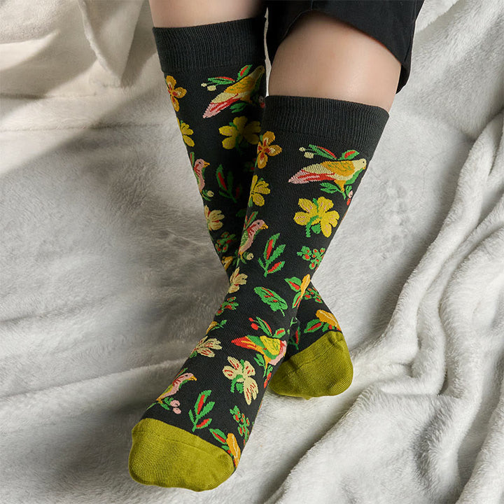Buddha Stones Blühende Blumenvogelmuster Herren Damen Unisex Baumwolle Crew Socken - image 2
