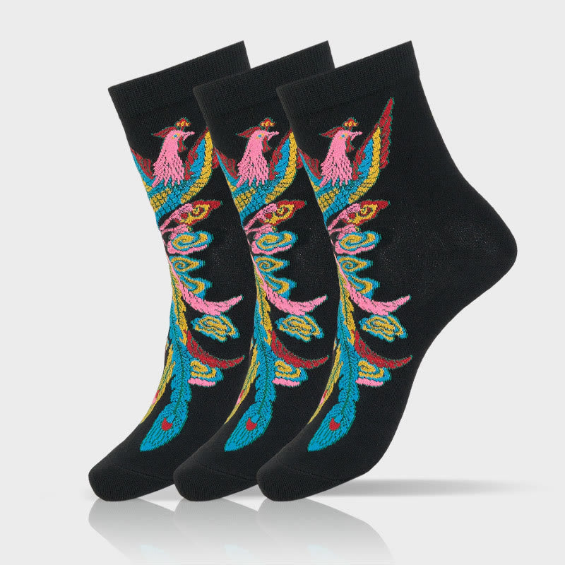 Buddha Stones Casual 3 Paar mehrfarbige Phoenix Quarter Damensocken - 3 Paar Schwarz - SM (US 5,5–8,5, EU 36–40, UK/AU 3,5–6,5, AISA 23–25 cm) - image 1