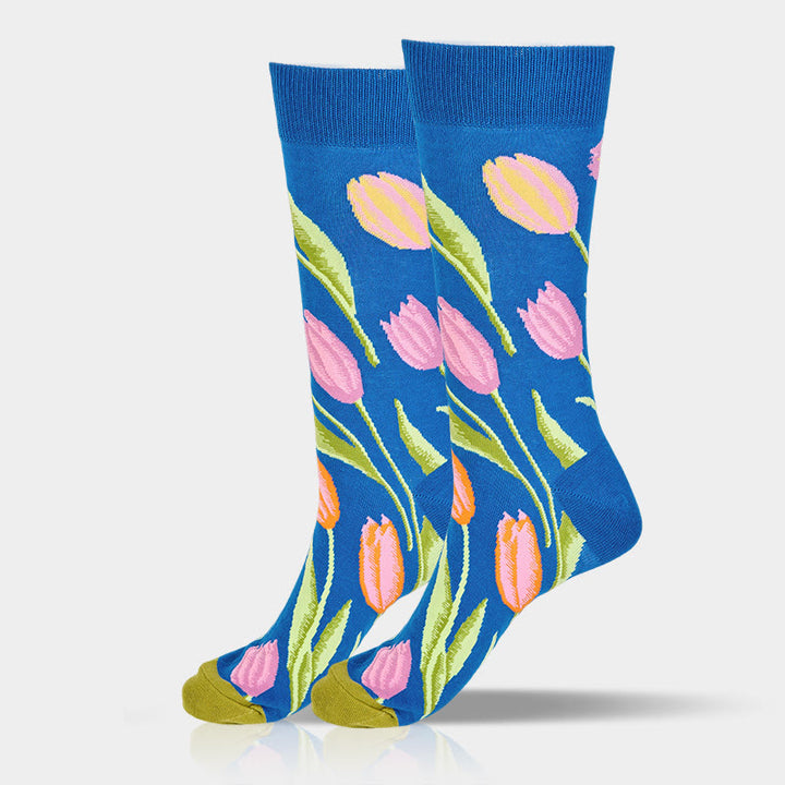 Buddha Stones Mittelblaues Tulpenmuster Herren Damen Unisex Baumwolle Crew Socken - image 6