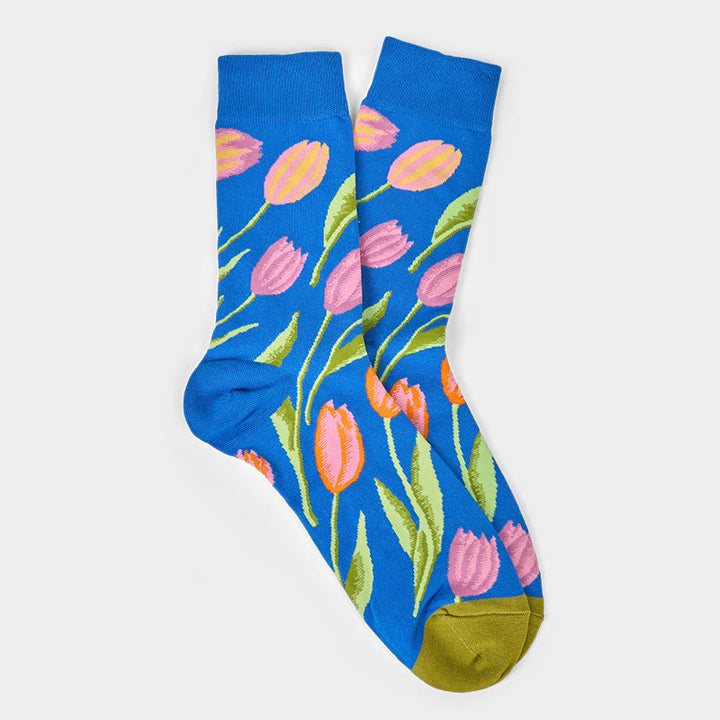 Buddha Stones Mittelblaues Tulpenmuster Herren Damen Unisex Baumwolle Crew Socken - image 5