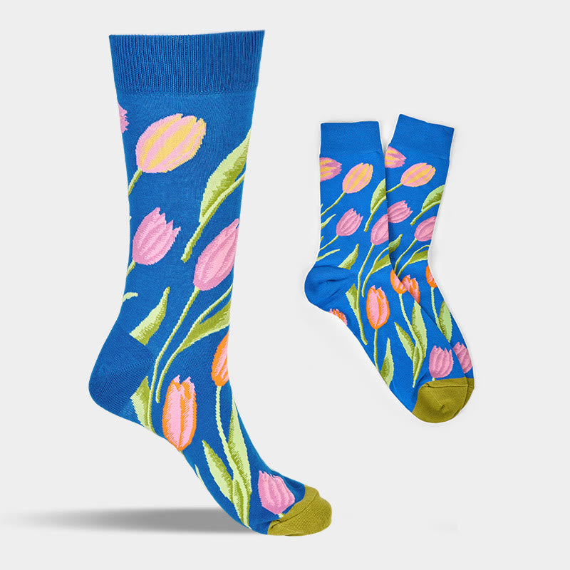 Buddha Stones Mittelblaues Tulpenmuster Herren Damen Unisex Baumwolle Crew Socken - image 7
