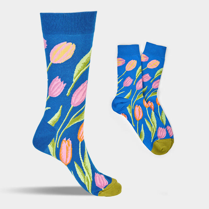 Buddha Stones Mittelblaues Tulpenmuster Herren Damen Unisex Baumwolle Crew Socken - image 7