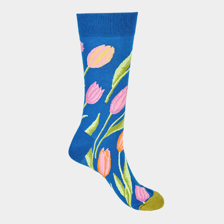 Buddha Stones Mittelblaues Tulpenmuster Herren Damen Unisex Baumwolle Crew Socken - image 4