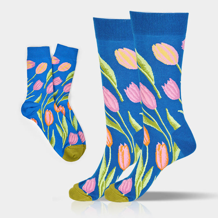Buddha Stones Mittelblaues Tulpenmuster Herren Damen Unisex Baumwolle Crew Socken - Tulpe - Einheitsgröße (US 8–12,5, EU 41–46, UK/AU 7,5–12, Asien 25,5–31 cm) - image 0