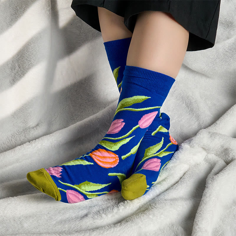 Buddha Stones Mittelblaues Tulpenmuster Herren Damen Unisex Baumwolle Crew Socken - image 2