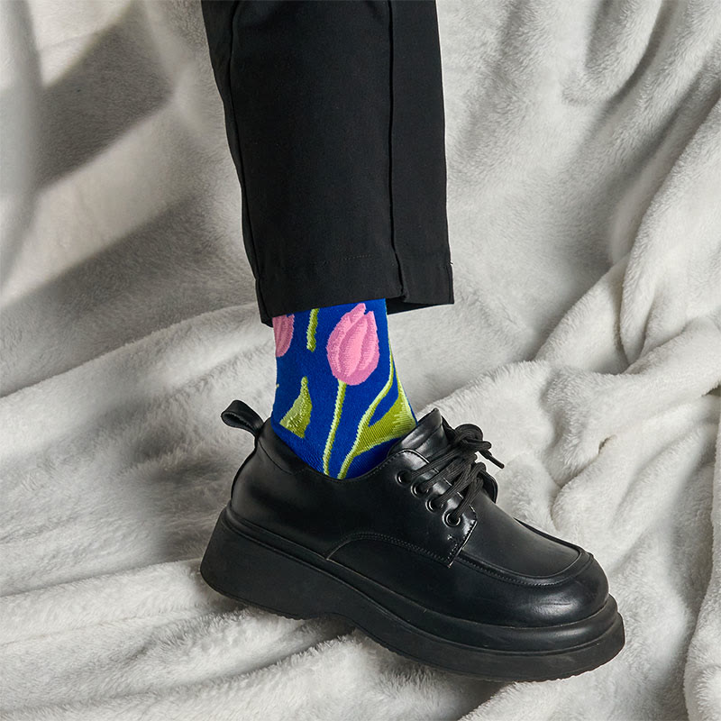Buddha Stones Mittelblaues Tulpenmuster Herren Damen Unisex Baumwolle Crew Socken - image 3