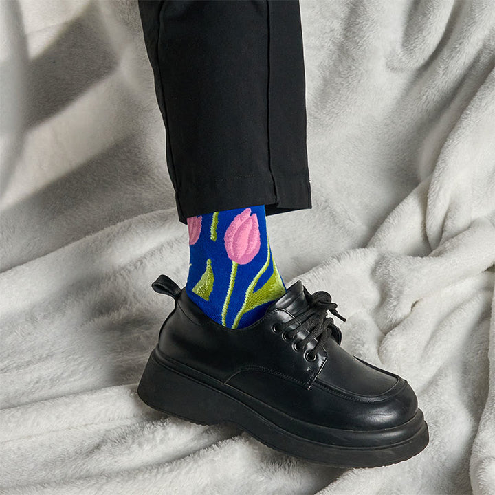 Buddha Stones Mittelblaues Tulpenmuster Herren Damen Unisex Baumwolle Crew Socken - image 3