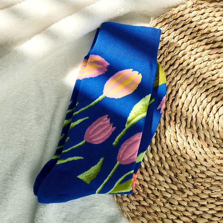 Buddha Stones Mittelblaues Tulpenmuster Herren Damen Unisex Baumwolle Crew Socken - image 1