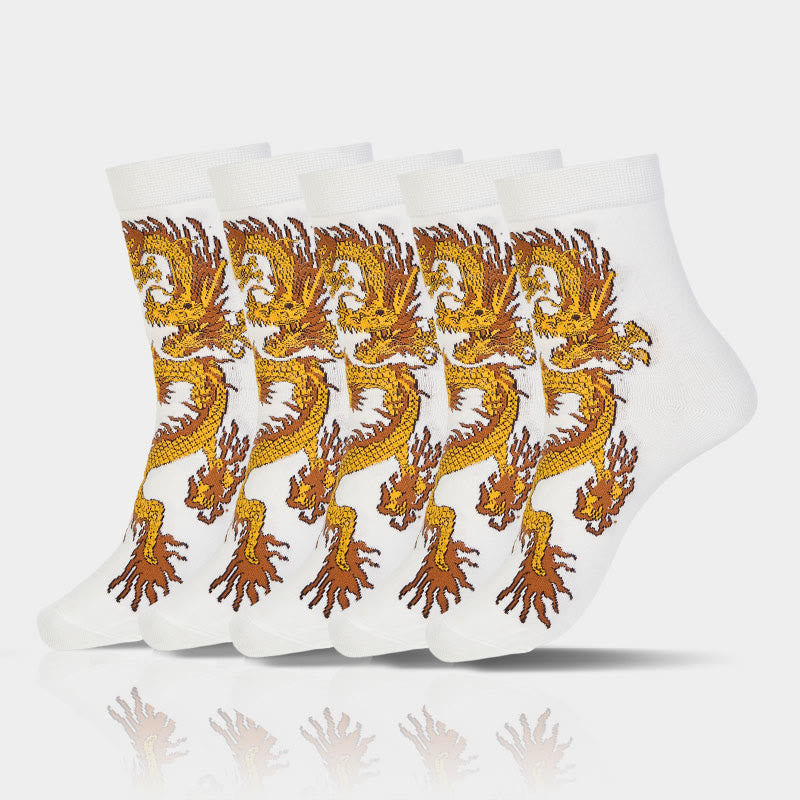 Buddha Stones Casual 5 Paar Golden Dragon Quarter Damensocken - 5 Paar Drachen Weiß - SM (US 5,5–8,5, EU 36–40, UK/AU 3,5–6,5, Asien 23–25 cm) - image 16