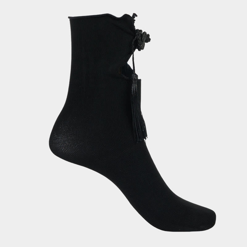 Buddha Stones Pure Color Chinesische Frosch-Knopf-Quasten-Design Damen Micro Crew Baumwollsocken - image 5