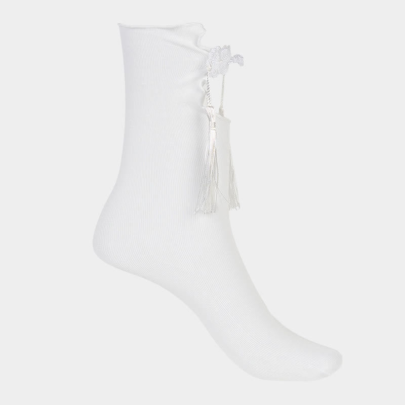 Buddha Stones Pure Color Chinesische Frosch-Knopf-Quasten-Design Damen Micro Crew Baumwollsocken - image 9