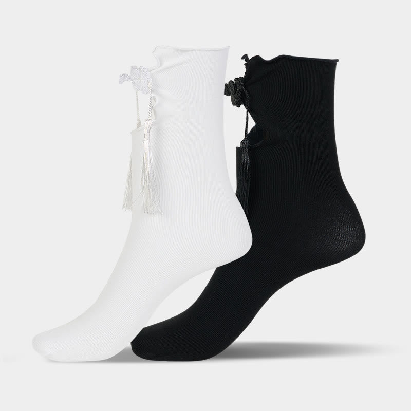 Buddha Stones Pure Color Chinesische Frosch-Knopf-Quasten-Design Damen Micro Crew Baumwollsocken - image 11