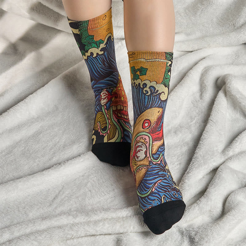 Buddha Stones Casual Vivid Fish Flowing Waves Micro Crew Herren Damen Unisex Socken - image 5