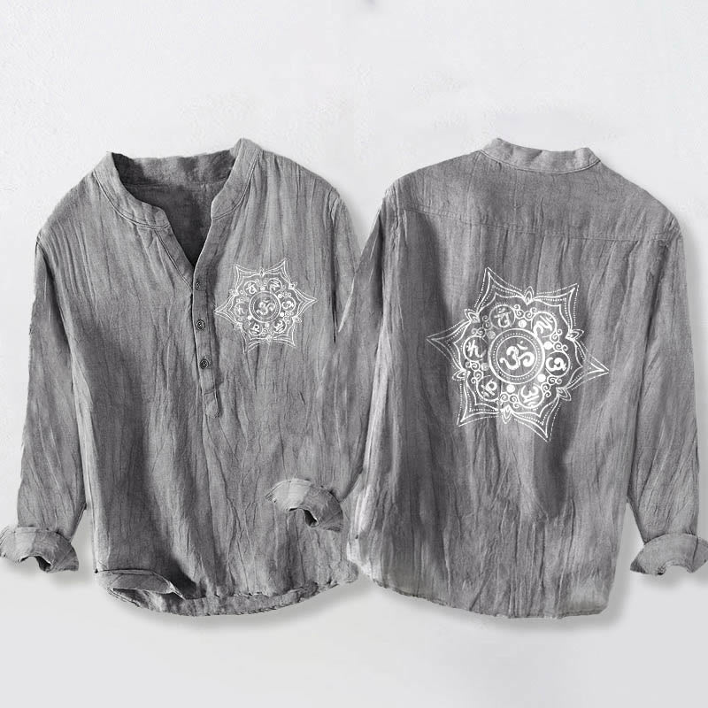 Buddha Stones ​​Om Mani Padme Hum Mandala Halbknopfdesign Langarmhemd für Herren aus Baumwoll-Leinen-Mischgewebe - Grau - US/ UK/AU50, EU60 (5XL) - image 6
