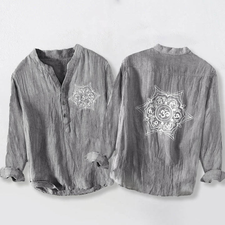 Buddha Stones ​​Om Mani Padme Hum Mandala Halbknopfdesign Langarmhemd für Herren aus Baumwoll-Leinen-Mischgewebe - Grau - US/ UK/AU50, EU60 (5XL) - image 6