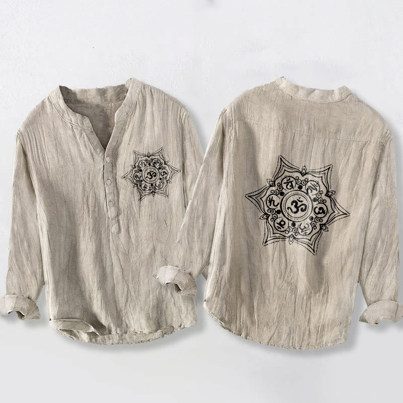 Buddha Stones ​​Om Mani Padme Hum Mandala Halbknopfdesign Langarmhemd für Herren aus Baumwoll-Leinen-Mischgewebe - Leinen - US/ UK/AU50, EU60 (5XL) - image 3