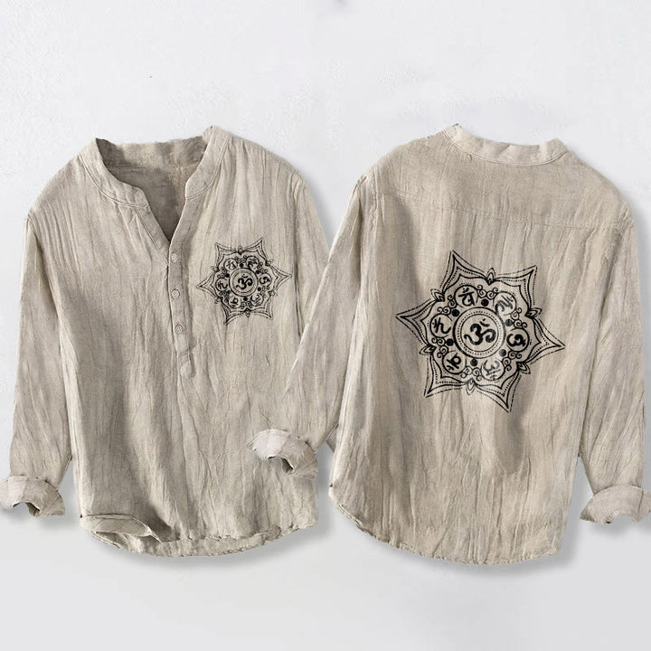 Buddha Stones ​​Om Mani Padme Hum Mandala Halbknopfdesign Langarmhemd für Herren aus Baumwoll-Leinen-Mischgewebe - Leinen - US/ UK/AU50, EU60 (5XL) - image 3