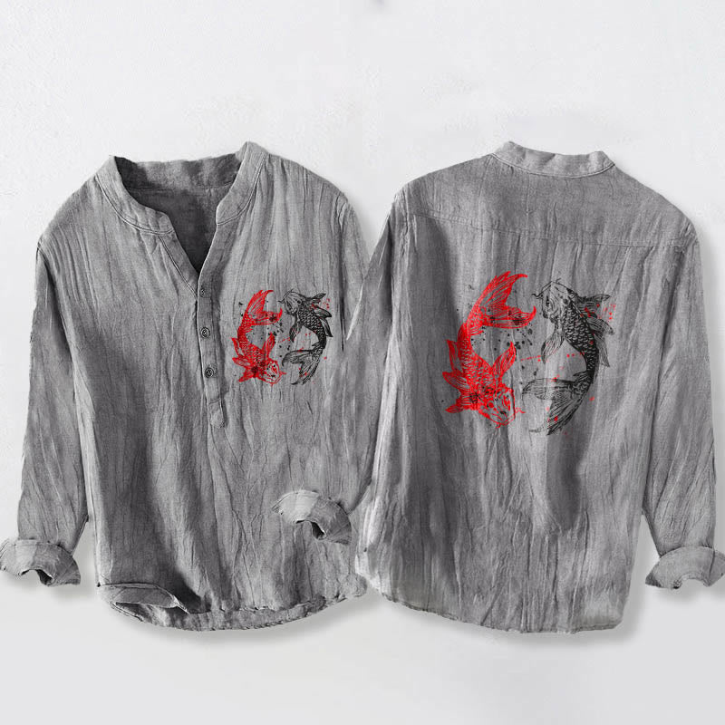 Herrenhemd aus Baumwoll Buddha Stones, Yin-Yang-Koi-Fisch-Muster, halben Knöpfen und langen Ärmeln - Grau - US/ UK/AU50, EU60 (5XL) - image 0