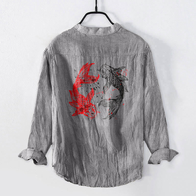 Herrenhemd aus Baumwoll Buddha Stones, Yin-Yang-Koi-Fisch-Muster, halben Knöpfen und langen Ärmeln - image 2