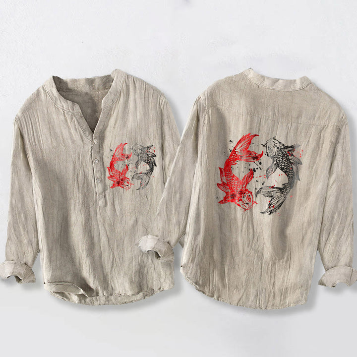 Herrenhemd aus Baumwoll Buddha Stones, Yin-Yang-Koi-Fisch-Muster, halben Knöpfen und langen Ärmeln - Leinen - US/ UK/AU50, EU60 (5XL) - image 6